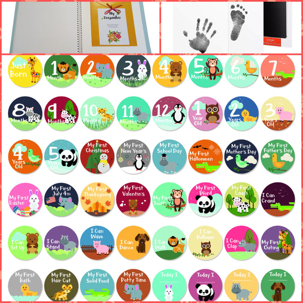 Novarena First 5 Years Baby Memory Book Journal Scrapbook with 48 Pack Monthly Milestones Stickers & Clean-Touch Baby Safe Ink Pad for Hand Footprint - Laura Baby and Company