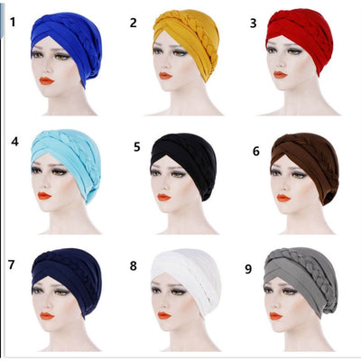 PRE-TIED Women African Turban with Rose Braided Knot Bonnet Beanie Cap Headwrap| Stretch Jersey Knit Wraps Scarf Turbans Ties | Headbands | Bandana - Laura Baby and Company