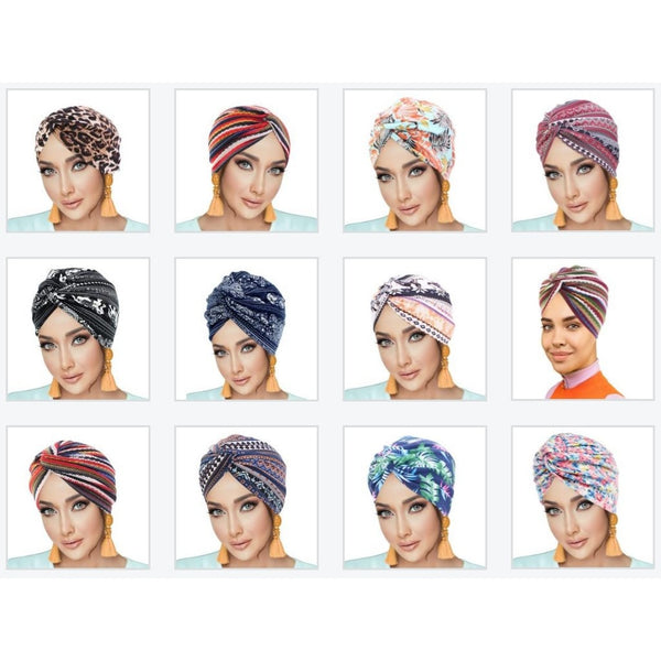PRE-TIED Pack of 9 Women African Turban with Rose Flower Knot | Pre-Tied Bonnet Beanie Cap Headwrap| Stretch Jersey - Laura Baby and Company