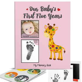 Novarena First 5 Years Baby Memory Book Journal - 95 Pages Scrapbook with 48 Pack Monthly Milestones Stickers & Clean-Touch Baby Safe Ink Pad Hand Footprint