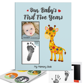 Novarena First 5 Years Baby Memory Book Journal - 95 Pages Scrapbook with 48 Pack Monthly Milestones Stickers & Clean-Touch Baby Safe Ink Pad Hand Footprint
