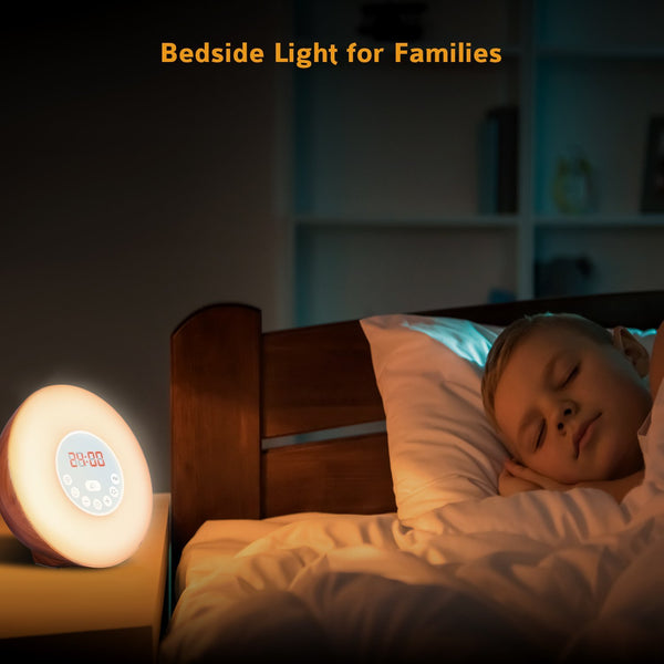 Wake Up Light Wood Grain Sunrise Sunlight Alarm Clock with 6 Natural Sounds & FM Radio & Snooze Function and 7 Colors Bedside Lamp - Laura Baby and Company