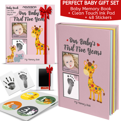 Novarena First 5 Years Baby Memory Book Journal Scrapbook with 48 Pack Monthly Milestones Stickers & Clean-Touch Baby Safe Ink Pad for Hand Footprint - Laura Baby and Company
