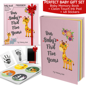 Novarena First 5 Years Baby Memory Book Journal - 95 Pages Scrapbook with 48 Pack Monthly Milestones Stickers & Clean-Touch Baby Safe Ink Pad Hand Footprint