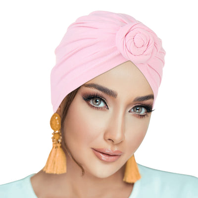 PRE-TIED Women Headwrap Turban with Rose Flower Knot | Pre-Tied Bonnet Beanie Cap | Stretch Jersey Lightweight Breathable Wraps | Headbands | Bandana - Laura Baby and Company