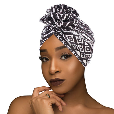 PRE-TIED Women African Turban with Rose Flower Knot | Pre-Tied Bonnet Beanie Cap Headwrap| Stretch Jersey Solid Colors and Floral Knit Wraps Scarf - Laura Baby and Company