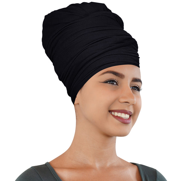 2 Pcs Black and Teal Blue Solid Color Head Wrap Stretch Long Hair Scarf Turban Tie Kente African Hat Jersey Knit Headwrap - Laura Baby and Company